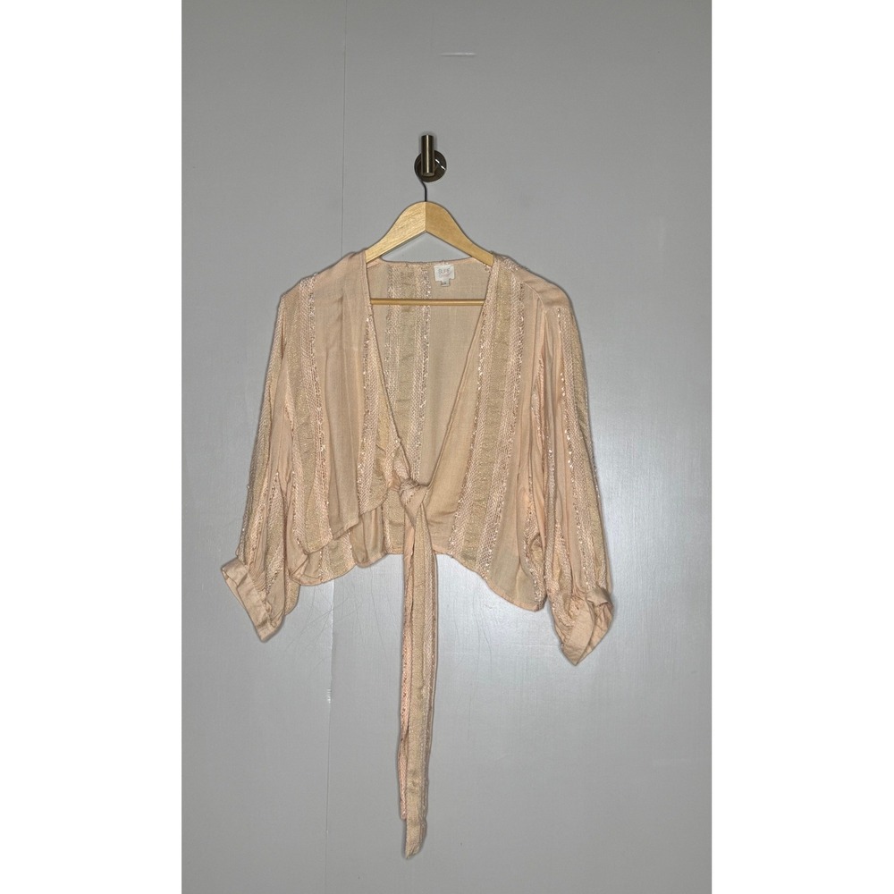 Surf Gypsy Peach Blush Gold Metallic Tie Front Cropped Kimono Top Size L